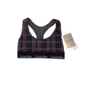 Calvin Klein Modern Cotton Holiday Grey Plaid Unlined Bralette Size XS NWT $30